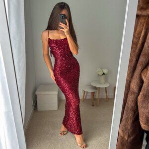 Italian Burgundy Sequin Evening Gown – Open Back, Strappy, Elegant Fit